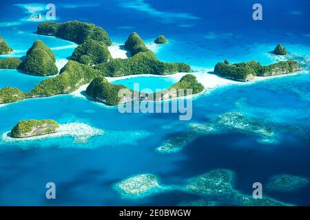 Aerial view of Seventy Islands, the Rock Islands, over archipelago of Ngerukewid(Ngerukeuid) island, Koror, Palau, Micronesia, Oceania Stock Photo