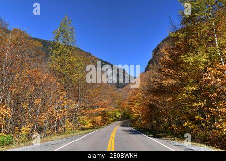 Road view of late fall foliage in Smugglers Notch, Vermont. Stock Photo