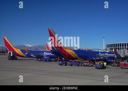 A general view of Southwest Airlines Boeing 737-800 series airplanes at the B Terminal of the McCarran International Airport, Tuesday, Dec. 29, 2020, in Las Vegas. Stock Photo