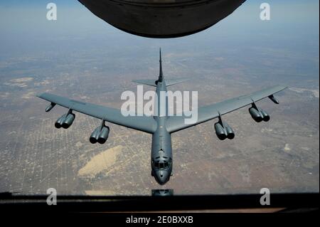 Handout file photo dated May 15, 2014 of A B-52 Stratofortress assigned to the 307th Bomb Wing, Barksdale Air Force Base, La., approaches the refueling boom of a KC-135 Stratotanker from the 931st Air Refueling Group, McConnell Air Force Base. The United States flew strategic bombers over the Persian Gulf on Wednesday for the second time this month, a show of force meant to deter Iran from attacking American or allied targets in the Middle East. U.S. Air Force photo by Airman 1st Class Victor J. Caputo via ABACAPRESS.COM Stock Photo