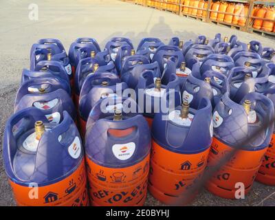 Alora, Spain - July 18. 2017: Butane gas bottles at depot in Andalusian countryside Stock Photo