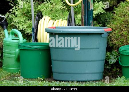 Plastic containers for water garden Stock Photo