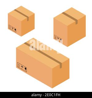 Set of different closed cardboard boxes on a pallet with a ribbon with road signs. Isometric composition concept. Isolated vector on white background. Stock Vector