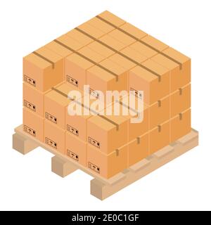 Closed cardboard boxes on a pallet with a ribbon with road signs. Isometric composition concept. Isolated vector on white background. Design for deliv Stock Vector