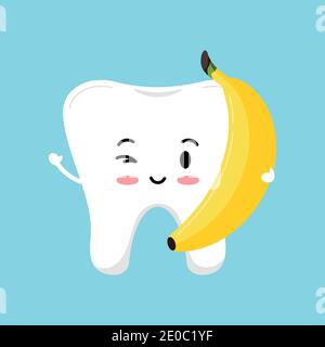 Cute tooth with banana food for dental health. Stock Vector