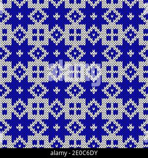 Ornamental knitting seamless vector pattern in blue and white colors with snowflakes as a fabric texture Stock Vector