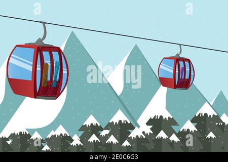 Ski lift gondola with skis and snowboard above the mountain's peak in the Alps. Extreme tourist backgrounds and vector illustrations Stock Vector