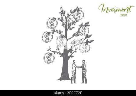 Investment concept sketch. Two men shaking hands. Money tree with coins. Stock trading, making profit. Businessman agree to teamwork, partnership, coo Stock Vector