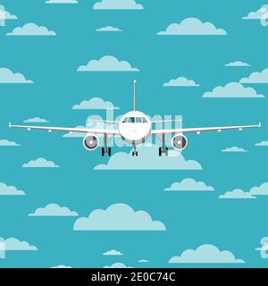 Airplane front view. Blue sky with clouds. Flat vector illustration. Stock Vector
