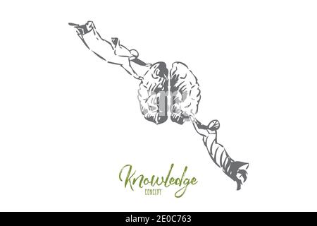 Knowledge concept sketch. Flying muslim man and woman holding brain. Learning new things metaphor. Right and left brain halves, opposite opinions. Int Stock Vector