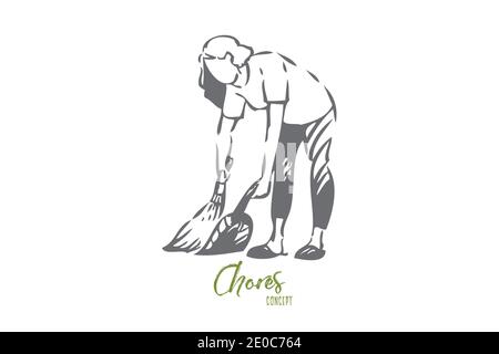 Floor sweeping concept sketch. Homemaker routine, housekeeper work, young housewife holding broom and scoop, faceless woman cleaning at home, househol Stock Vector