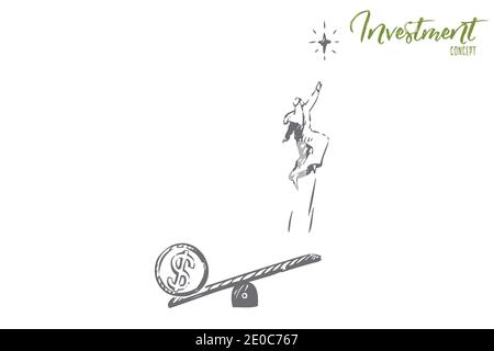Startup concept sketch. Arab man jumping on seesaw. Successful funds using, capital formation, goal achieving. Stock trading, currency exchange market Stock Vector