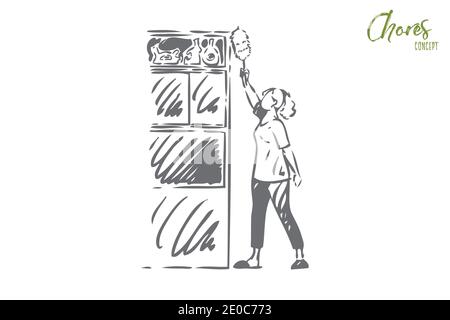Housekeeping concept sketch. Girl dusting off furniture. Keeping household clean. Woman doing housework. Housewife domestic cleaning. Home service, re Stock Vector