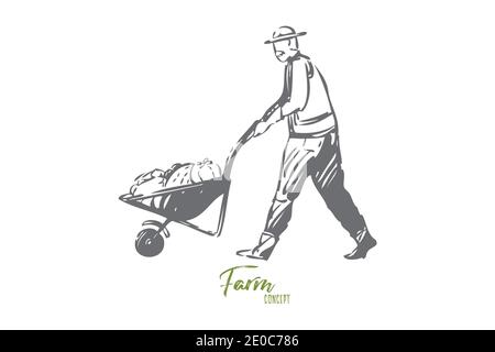 Farm concept sketch. Man, senior farmer transporting harvest in wheelbarrow. Collecting crops. Manual labor on farm. Hard working old guy. Moving vege Stock Vector