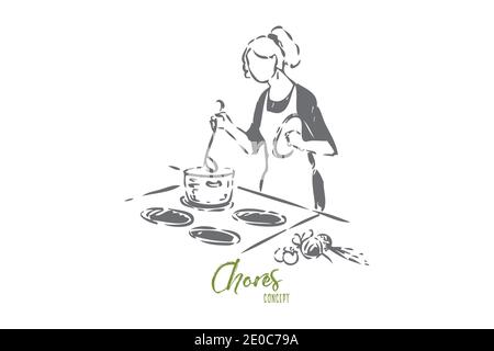 Home chef concept sketch. Woman preparing meal. Maid cooking soup. Stew preparation drawing. Household responsibility in kitchen. Mixing food with lad Stock Vector