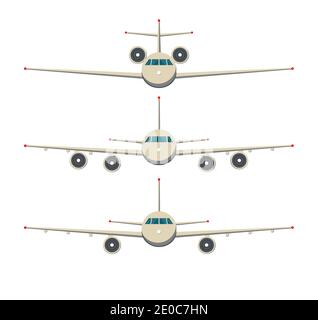 Airplane front view. Passenger or commercial jet isolated on background. Aircrfat in flat style. Set. Stock Vector
