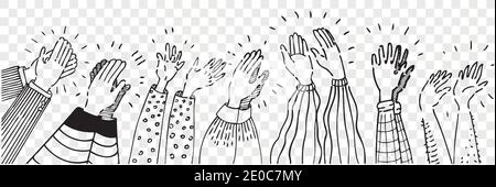 Hand drawn clapping human hands doodle set. Collection pencil chalk drawing sketches men women raising arms making applause isolated on transparent ba Stock Vector