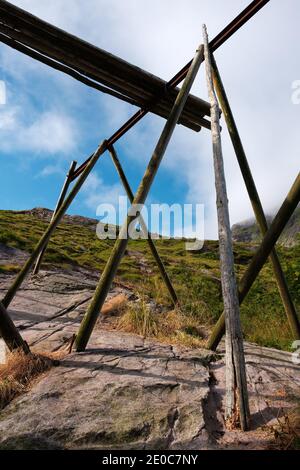Dryer for fish on Lofoten islands, Norway. vacation travel concept Stock Photo