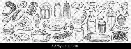 Hand drawn junk food doodle set. Collection of pencil chalk Hand drawn junk food doodle set. Collection of pencil chalk