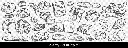 Hand drawn bread doodle set. Collection of pencil chalk drawing sketches of loaves toasts pretzel baguette muffins buns swiss roll bagel donuts on tra Stock Vector