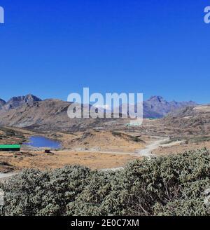 zig zag mountain country road is going through the scenic alpine valley near bum la pass in tawang district of arunachal pradesh, north east india Stock Photo