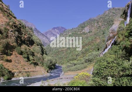 scenic view of nuranang waterfalls or jang waterfalls (bong bong falls), a popular tourist destination of tawang in arunachal pradesh, india Stock Photo