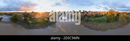 Aylesford, Kent, United Kingdom - October 26th, 2020: 360 degree aerial panorama of Aylesford village in Kent, England with medieval bridge and church Stock Photo