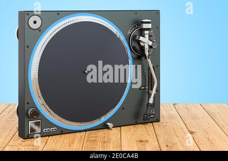 Phonograph Turntable on the wooden planks, 3D rendering Stock Photo