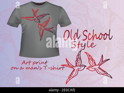 Gray T-shirt with an illustration - red old school swallow Stock Vector