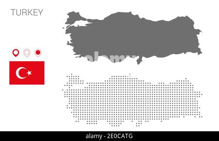 Map of Turkey silhouette, Turkey map dotted, Flag of Turkey, Vector illustration flat Stock Vector