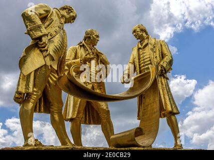 Boulton, Watt and Murdoch statue by William Bloye and stands outside the old Register Office on Broad Street in Birmingham, England Stock Photo