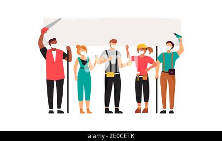 General workers wearing face masks protest at a meeting during a coronavirus pandemic. Vector illustration Stock Vector