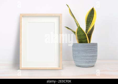 Home interior poster mock up. Wooden frame next a plant in a grey ceramic pot. Empty copy space for Editor's text. Stock Photo