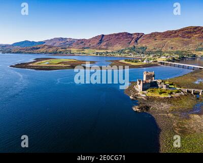 Aerial of the Eilean Donan Castle, Highlands, Scotland, United Kingdom, Europe Stock Photo