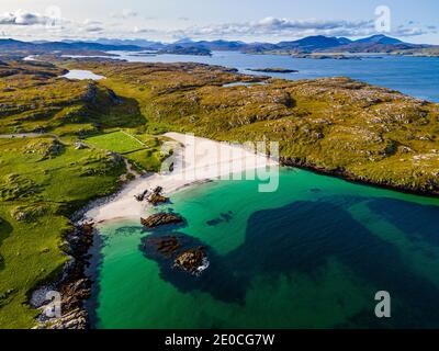 Aerial of white sand and turquoise water at Bosta Beach, Isle of Lewis, Outer Hebrides, Scotland, United Kingdom, Europe Stock Photo