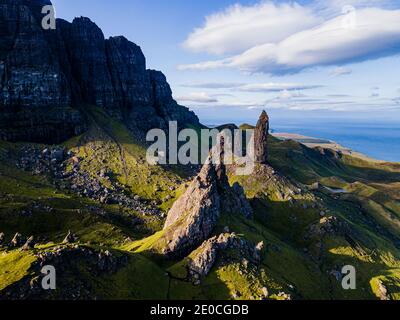 Aerial of the Storr pinnacle, Isle of Skye, Inner Hebrides, Scotland, United Kingdom, Europe Stock Photo