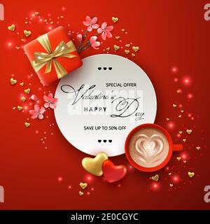 Valentine's day banner concept with a gift, pink flowers and a cup of coffee Stock Vector