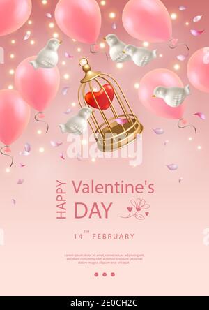Valentine's day poster. Creative composition of flying white porcelain birds, balloons, petals and birdcage Stock Vector