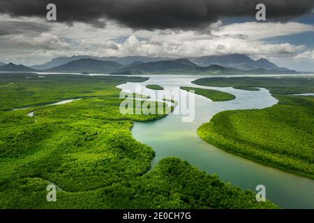Aerial shot of the amazing Hinchinbrook Channel. Stock Photo