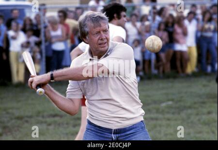 Usa. 2nd June, 1976. Plains, Georgia, US - JIMMY CARTER up at bat during a softball game in his hometown of Plains, Georgia. Carter was pitcher and captain of his team that was comprised of off duty U.S. Secret service agents and White House staffers. The opposing team was comprised of members of the White house traveling press and captained by Billy Carter, the president's brother. Credit: Ken Hawkins/ZUMA Wire/Alamy Live News Stock Photo