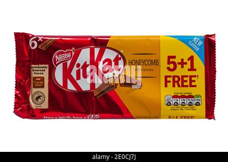 Packet of Nestle Honeycomb KitKat new flavour isolated on white background - Kit Kat kitkats kit kats Stock Photo