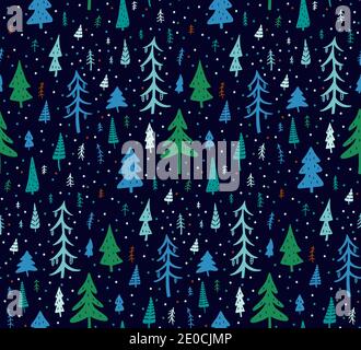Night Winter Forest Seamless Pattern Scandinavian Style Doodle Vector Illustration Hand Drawn Stock Vector