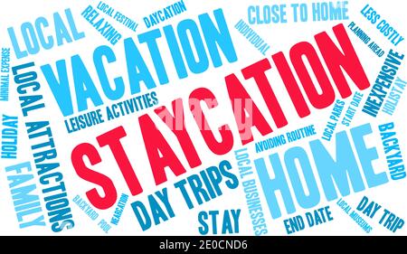 Staycation word cloud on a white background. Stock Vector