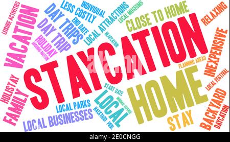 Staycation word cloud on a white background. Stock Vector