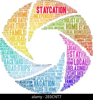 Staycation word cloud on a white background. Stock Vector