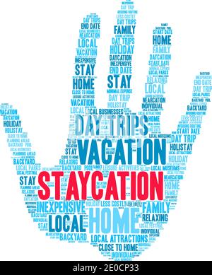 Staycation word cloud on a white background. Stock Vector