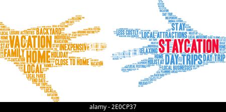 Staycation word cloud on a white background. Stock Vector