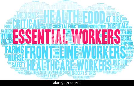 Essential Workers word cloud on a white background. Stock Vector