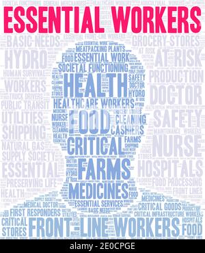 Essential Workers word cloud on a white background. Stock Vector