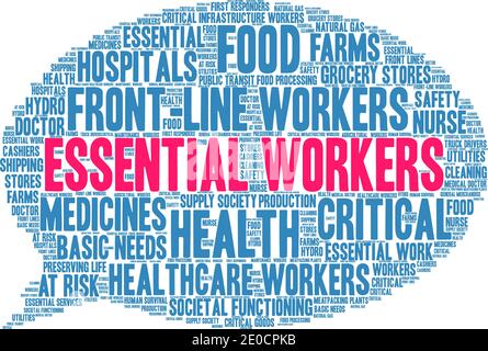 Essential Workers word cloud on a white background. Stock Vector